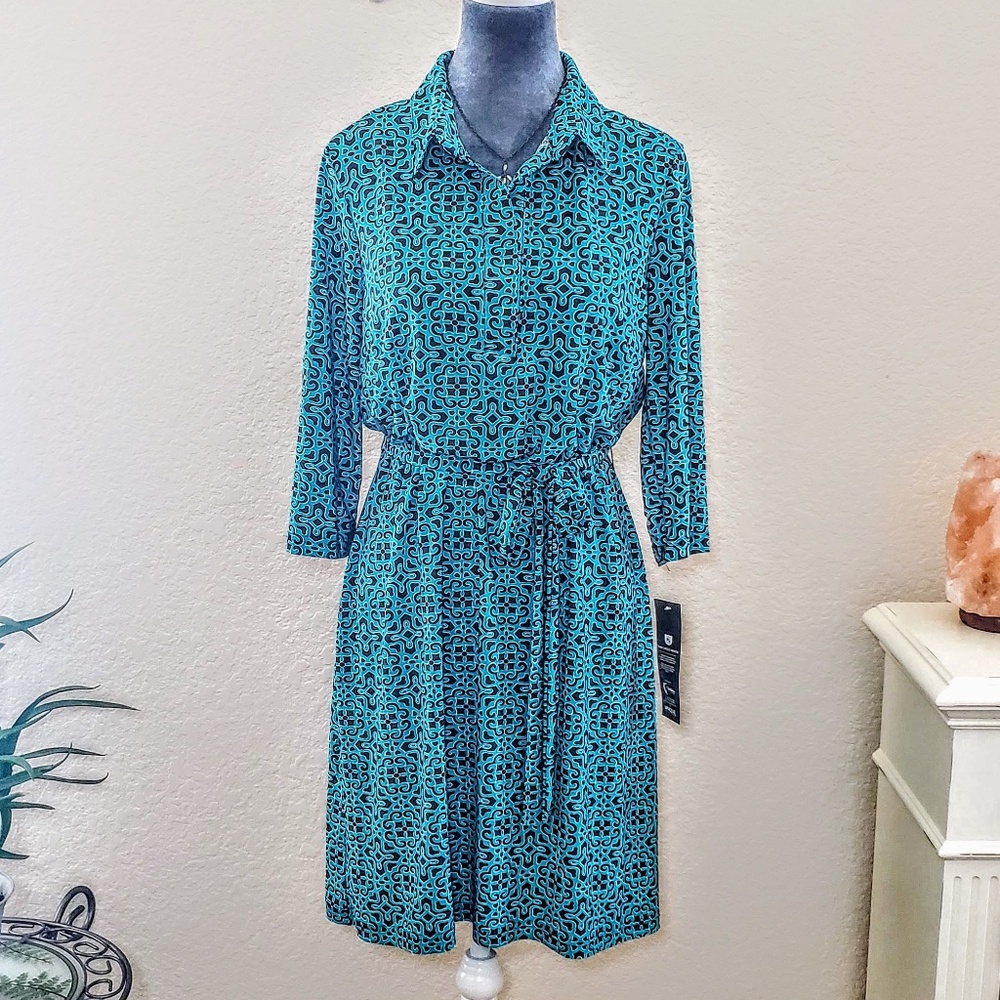 Mlle Gabrielle Black & Aqua Aztec Print Jersey Knit Belted Shift Dress - Size PL